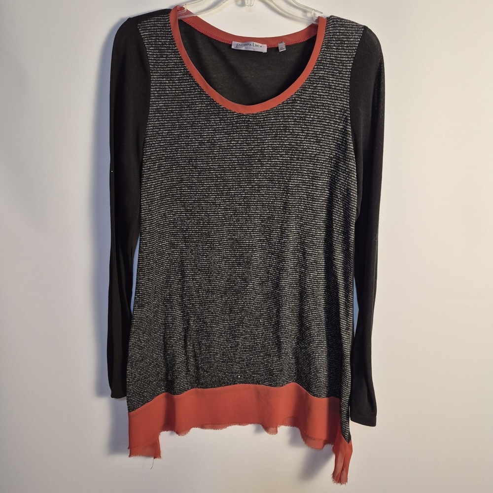 Patrizia Luca Milano XL Tunic Black Gray Stripe Sheer Hem Tunic Top Stretch
